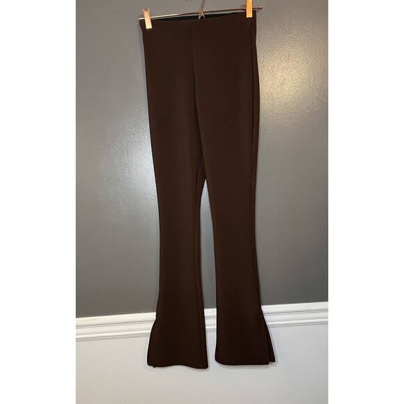 Zara Pants Womens Medium Brown Flare Slit Hem Stretch Pull On Polyester Blend - Picture 1 of 7